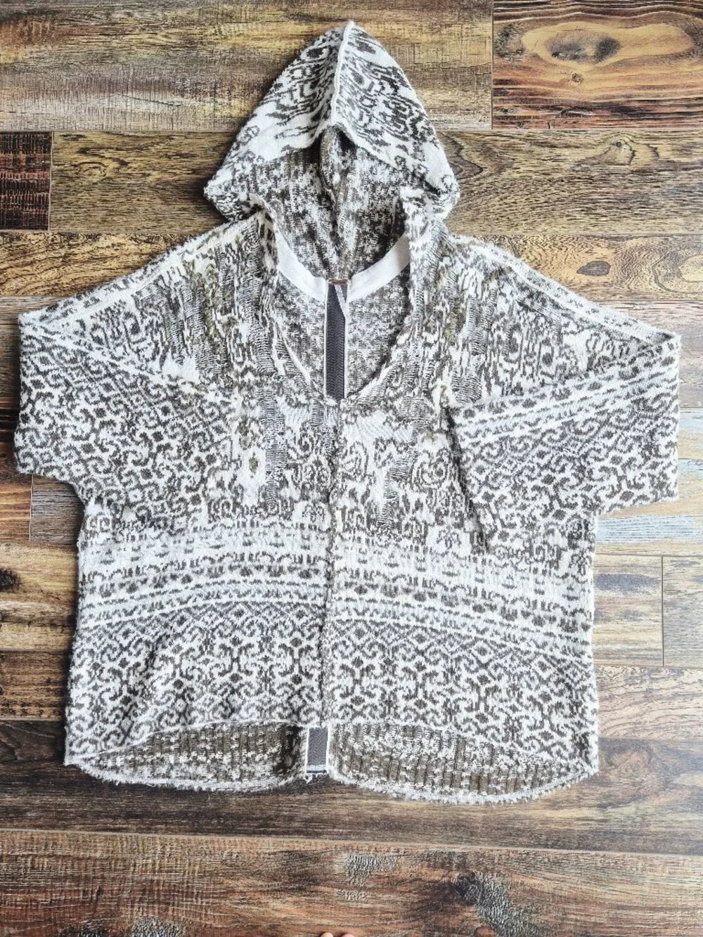 Free People Raggy Wool Blend Hooded Oversize Relaxed Sweater V-Neck Olive Beige